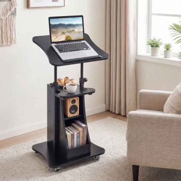 Height-adjustable column table, 4 casters, 2 with brakes, Black, 50 × 40 × 72–112 cm