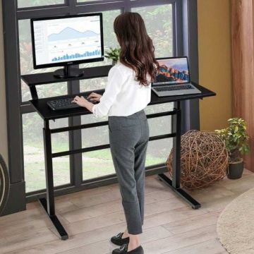 Adjustable height desk, With raised shelf, Black/white, 120 × 60 × 88–126 cm