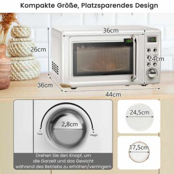 Retro microwave oven, 20 l, 5 levels, 8 modes, White, 44 × 26 × 36 cm