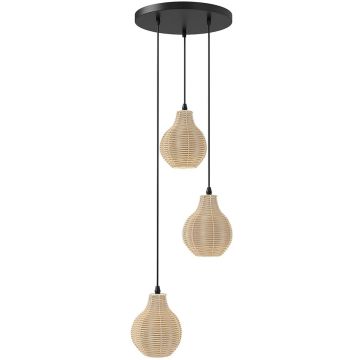 Rottinkinen riippuvalaisin, 3 lamppua, Ø 30 × 24–102 cm