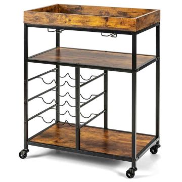 Serving trolley, 3-tier, 9 bottles, Brown/black, 71.12 × 43.18 × 93.98 cm
