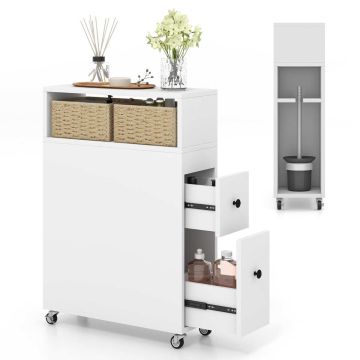 Narrow freestanding bathroom cabinet, 2 drawers + rattan basket, White, 50 × 72 × 19 cm
