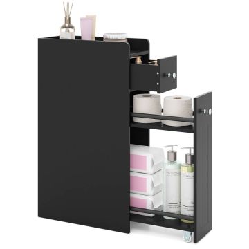 Narrow bathroom cabinet, with 2-tier drawer, Black, 40 × 18 × 70 cm