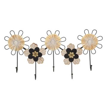 Wall-mounted clothes rack, 5 hooks, Black and brown, 61 × 30.5 × 5.5 cm