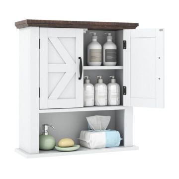 Wall-mounted bathroom cabinet, 2 doors, 3 shelf positions, White, 55 × 60 × 19 cm