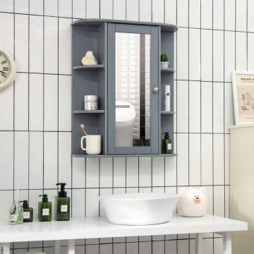 Wall-mounted bathroom cabinet with mirror, 6 shelves, 2 compartments, 59.69 × 71.12 × 16.51 cm