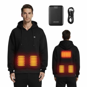 Šildomas džemperis su gobtuvu, unisex, juodas, 5 šildymo zonos, 7,4 V 16000 mAh baterija