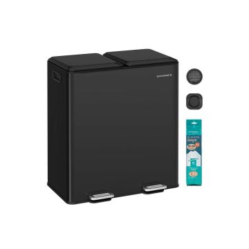 SONGMICS LTB743B02 Waste Bin, 2 Compartments, 2 × 30 l, Black, 58.5 × 37 × 64 cm