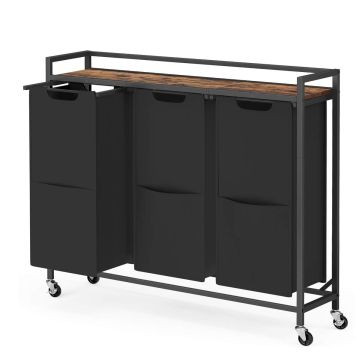 VASAGLE laundry trolley, 3 compartments, Black/brown, 93 × 93 × 32 cm