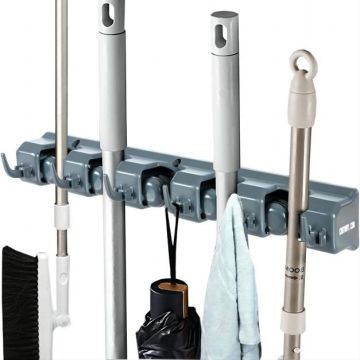 Broom organizer, 5 positions, 6 hooks, 39.4 × 6.4 × 11.4 cm