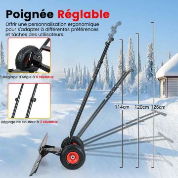 Snow shovel, with wheels and adjustable blade, 91.5 × 114–126 × 53 cm