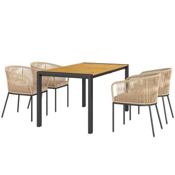 Puutarhakalustesetti, 7-osainen, 1 pöytä ja 4 tuolia, Musta/Beige/Tammi, 140 × 74 × 80 cm