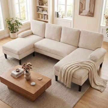 Sofa bed, U-shaped, 5-6 seats, Sand, 258 × 125 × 71.5 cm