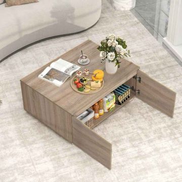 Side Coffee Table, With Storage and 4 Doors, Oak, 80 × 60 × 37 cm