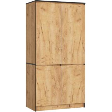 Vaatekaappi AKORD S90, 4 ovea ja 4 hyllyä, Tammi, 90 × 180 × 51 cm