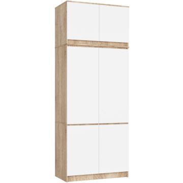 Vaatekaappi AkordV2 S90, 6 ovea ja 6 hyllyä, tammi/valkoinen, 90 × 235 × 51 cm