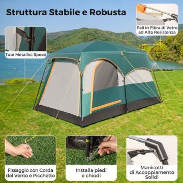 Camping tent, 6 people, 2 rooms, Green, 323 × 211 × 189 cm