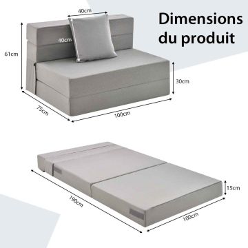 Kokoontaitettava vuodesohva, 3 osaa ja tyyny, 99,06 × 74,93 × 62,23 cm