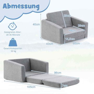 Kokoontaitettava lasten sohva, 2-in-1, Harmaa, 60,96 × 40,64 × 43,18 cm