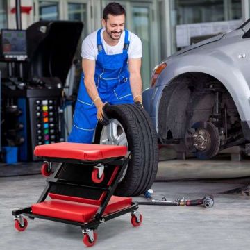 Folding 2-in-1 trolley AU10005, stretcher or seat, black/red, 93 × 42 × 14.5 cm / 45.5 × 42 × 38 cm
