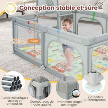 Foldable baby playpen, mat, sports accessories and 50 balls, 188 × 157 × 69 cm