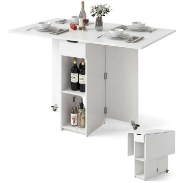 Folding dining table, 2 shelves, 1 drawer, White, 120 × 72 × 75 cm
