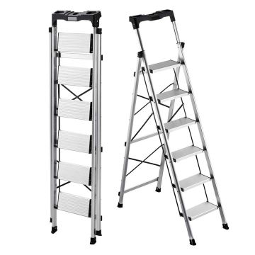 Kokoontaitettavat tikkaat VEVOR AP-2416TA, 6 askelmaa, Hopeanvärinen, 480 × 965 × 1715 mm