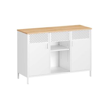 SONGMICS LSC204WC01 Living Room Cabinet, 2 Doors, White/Oak, 110 × 76 × 40 cm