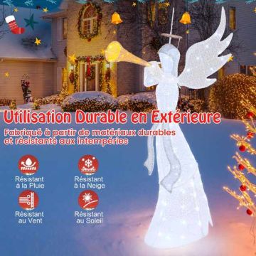 Šviečiantis kalėdinis angelas 157 cm su trimitu ir aureole, 100 LED lempučių