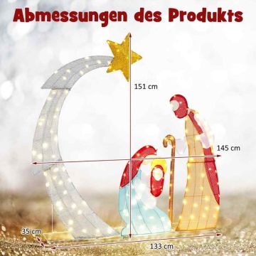Valaistu jouluseimiasetelma, 3 hahmoa, 140 LED-valoa, 145 × 151 cm