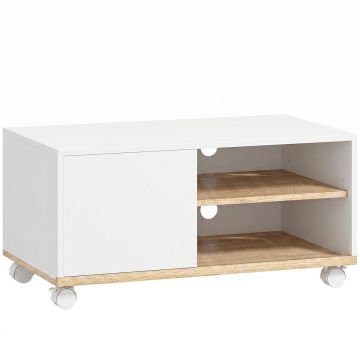 TV-taso, pyörällinen, valkoinen/tammi, 80 × 45 × 41 cm