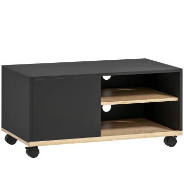 TV-taso, pyörillä ja kaapilla, Musta/Tammi, 80 × 45 × 41 cm