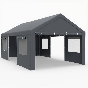 Sturdy carport with removable side panels and 4 ventilation windows, 305 x 586 cm, gray