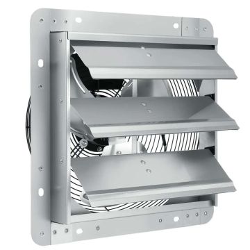 Alumiininen seinään asennettava suljintyyppinen poistopuhallin, 305 mm, 1400 rpm.