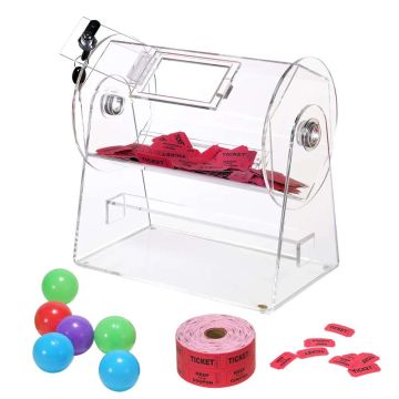 Akryylinen arpajaisrumpu, 2500 lippua tai 100 palloa, avaimilla