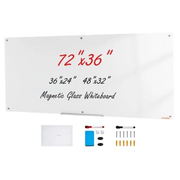 Magneettinen valkoinen lasitaulu, 72" x 36", kuivapoisto, seinälle kiinnitettävä