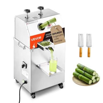 Sähkökäyttöinen sokeriruokomehupuristin ammattikäyttöön, 750 W, 300 kg/h, ruostumatonta terästä, pyörillä
