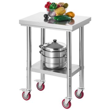 Кухонный стол из нержавеющей стали 61x45 см с колесиками и полками.