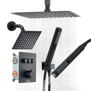 Termostaattinen kattosuihkujärjestelmä, 305 mm, seinään kiinnitettävä 152 mm suihkupää, 2in1 käsisuihku, mattamusta
