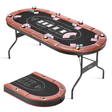 Kokoontaitettava pokeripöytä, 8 pelaajaa, 183 cm, soikea, pehmustetuilla kaiteilla ja mukitelineillä