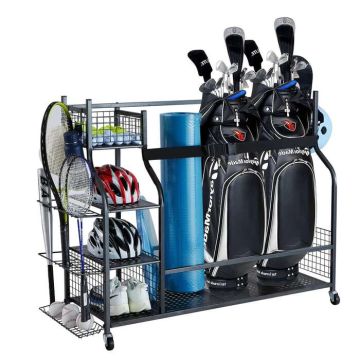 Teräksinen golfvälineteline hyllyllä ja pyörillä, musta