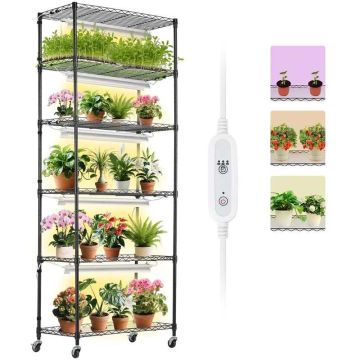Kasvijalusta, jossa 6-tasoinen hylly ja 150 W:n LED-kasvivalo, 3 tilaa, ajastin, pyörät, korkeus 182 cm