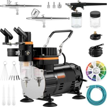 Ammattimainen airbrush-setti kompressorilla, kaksitoiminen