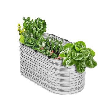 Metallinen galvanoitu korotettu kukkalava, 4x2x2 jalkaa, soikea, hopeanvärinen
