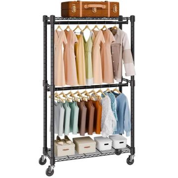 Kestävä vaateteline pyörillä, terästä, kaksinkertainen