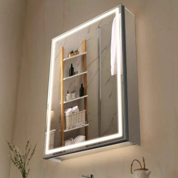 Встраиваемый или настенный аптечный шкафчик с подсветкой и зеркалом, 50x70 см, светодиодный, с регулировкой яркости.