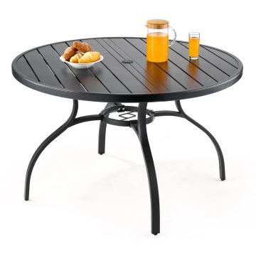 Ulkopatiolle sopiva pyöreä 120 cm metallinen ruokapöytä aurinkovarjon reiällä