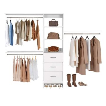Современный белый отдельно стоящий шкаф с 3 выдвижными ящиками и штангами для вешалок.