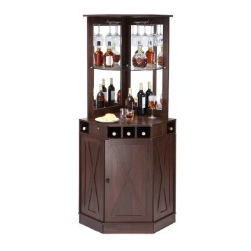 Puinen kulmabaarikaappi lasitelineellä, mustan pähkinän värinen