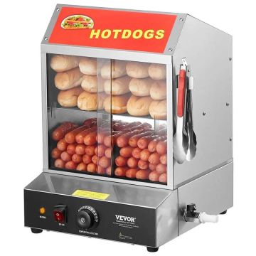 Sähköinen hot dog -höyrystin, 27 L, 2-vaiheinen, ruostumatonta terästä, lämpötilan säätö ja liukuovi